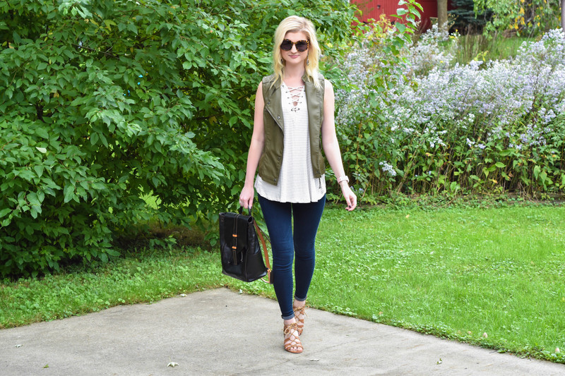 versona-olive-vest-striped-tunic-cognac-wedges-2