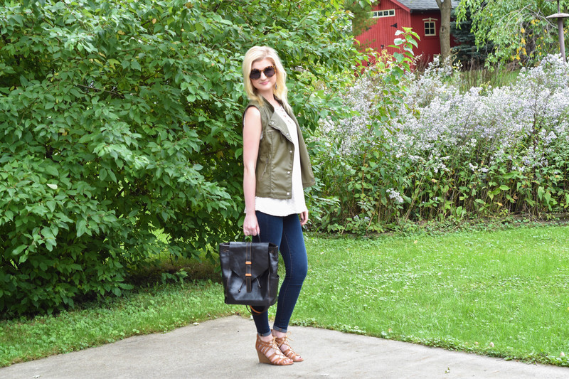 versona-olive-vest-striped-tunic-cognac-wedges