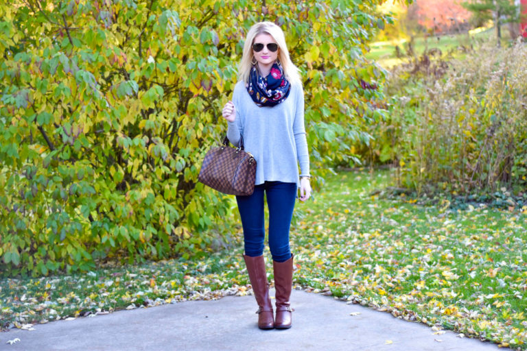 Cognac Riding Boots, Loose Grey Sweater & Floral