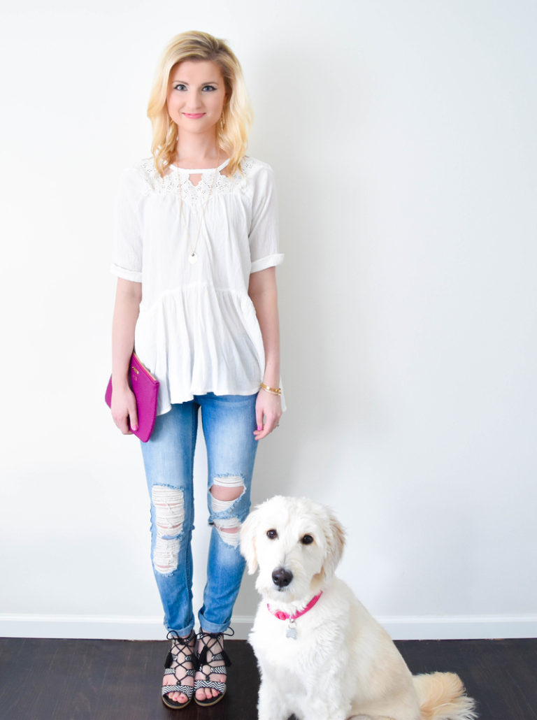 Flowy White Tunic + B&W Block Heel Tassel Sandals