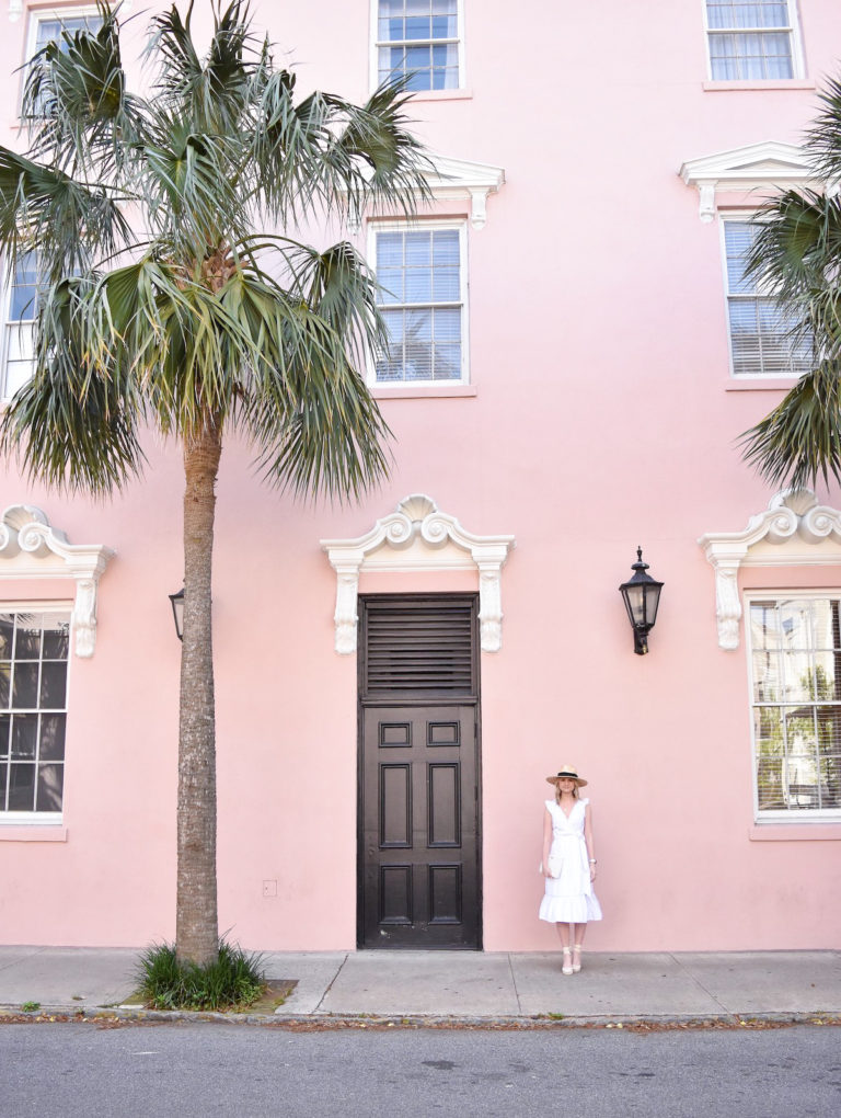 Pink Hotel in Charleston + White Eyelet Wrap Dress